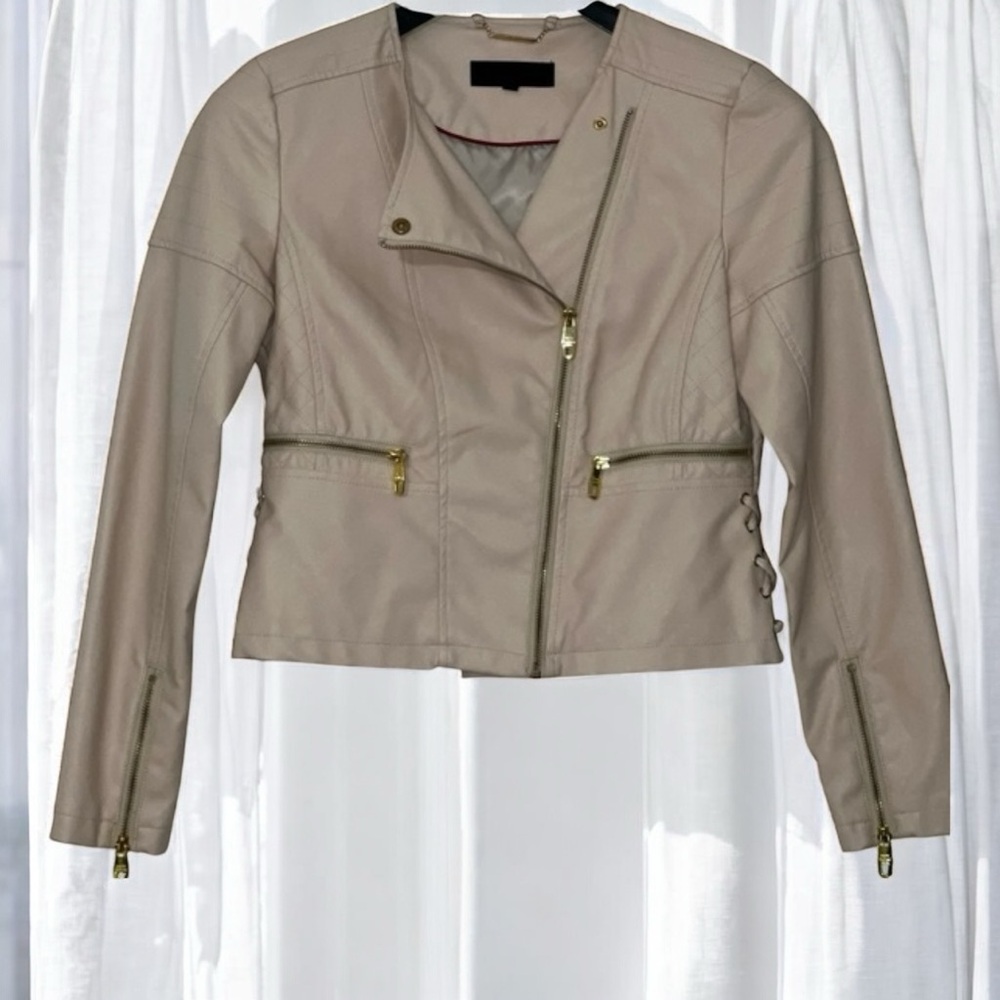 Steve Madden Electra Faux Leather Nude Pink Moto Side Lace Up Zip Jacket Small